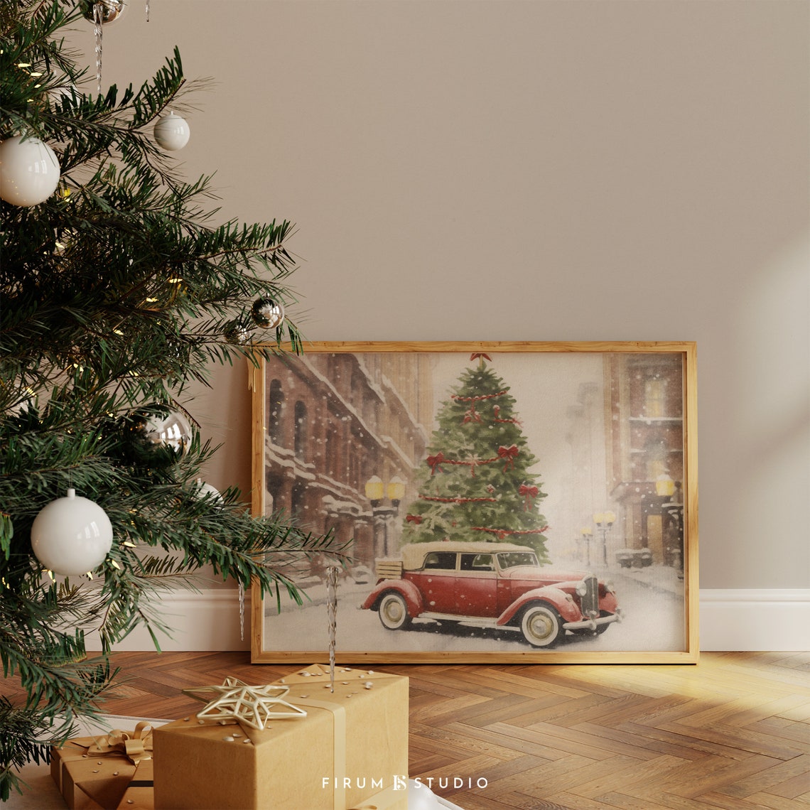 Vintage Red Car Christmas Tree Poster Snowy Holiday Street Scene