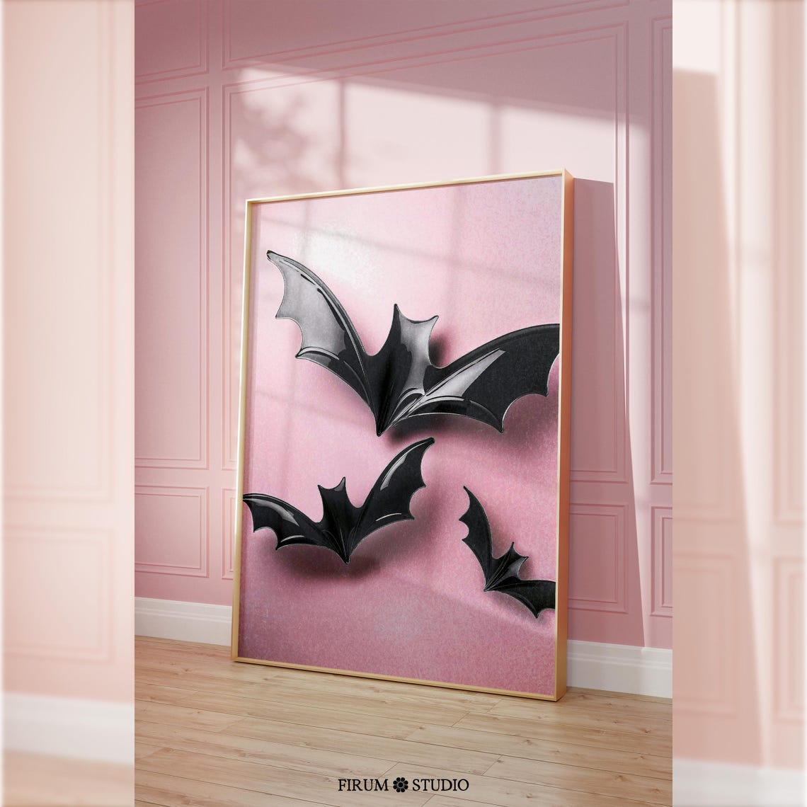 Pink Halloween Glossy Black Bats Art Print Spooky Cute Room Decor