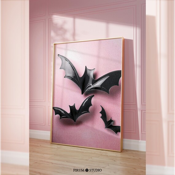 Pink Halloween Glossy Black Bats Art Print Spooky Cute Room Decor