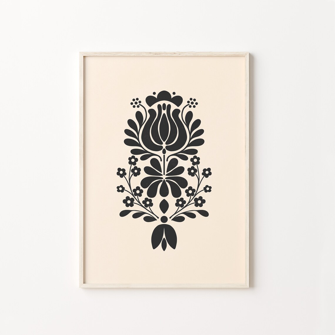 Scandinavian Folk Art Black Floral Beige Minimalist Art Print - Image 2