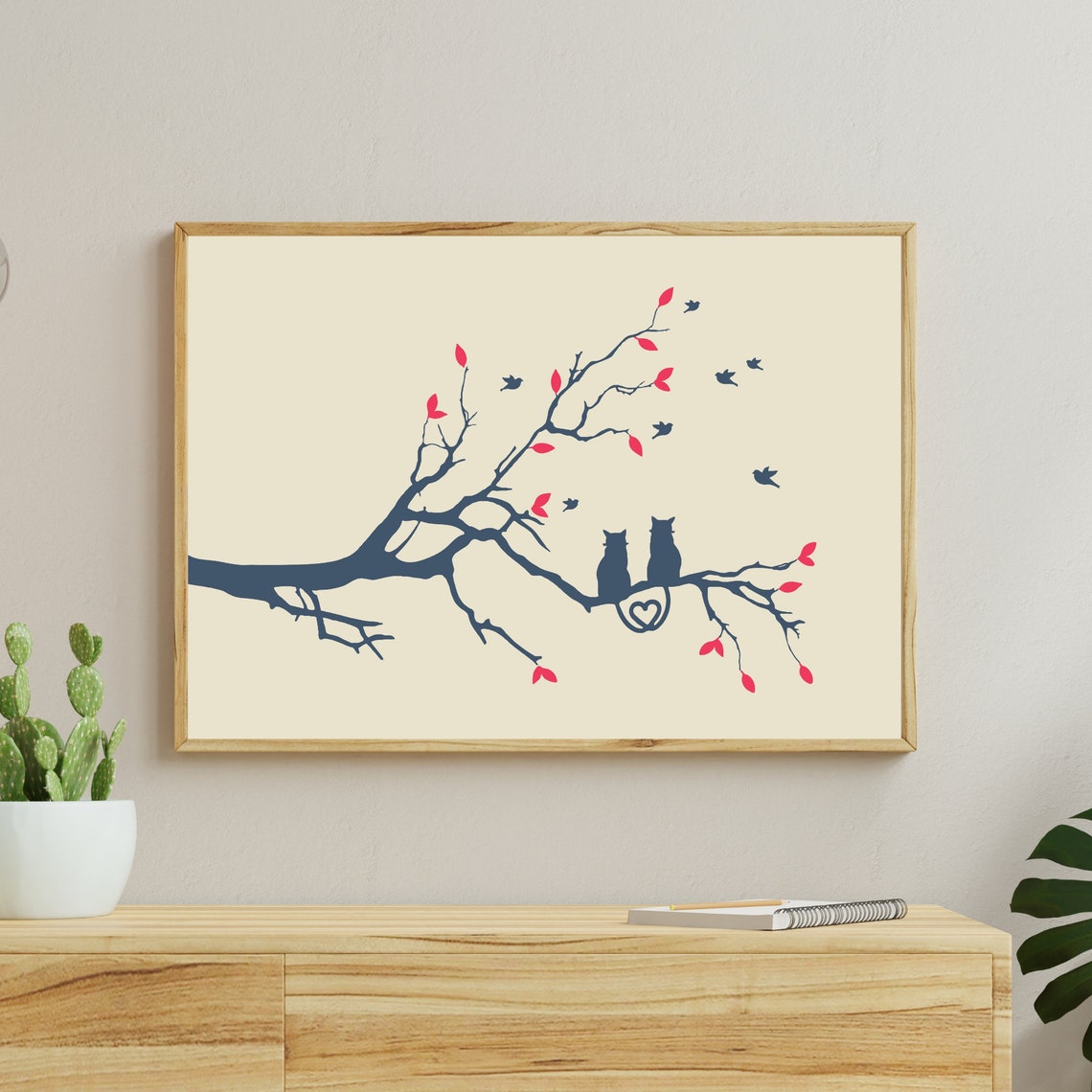 Two Cats on Branch Love Art Print Romantic Cat Couple Silhouette Decor - Image 4