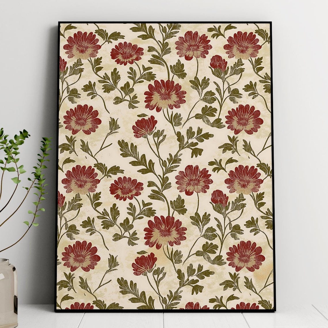 Vintage Floral Pattern Red Blossoms Green Vines Cream Wall Art