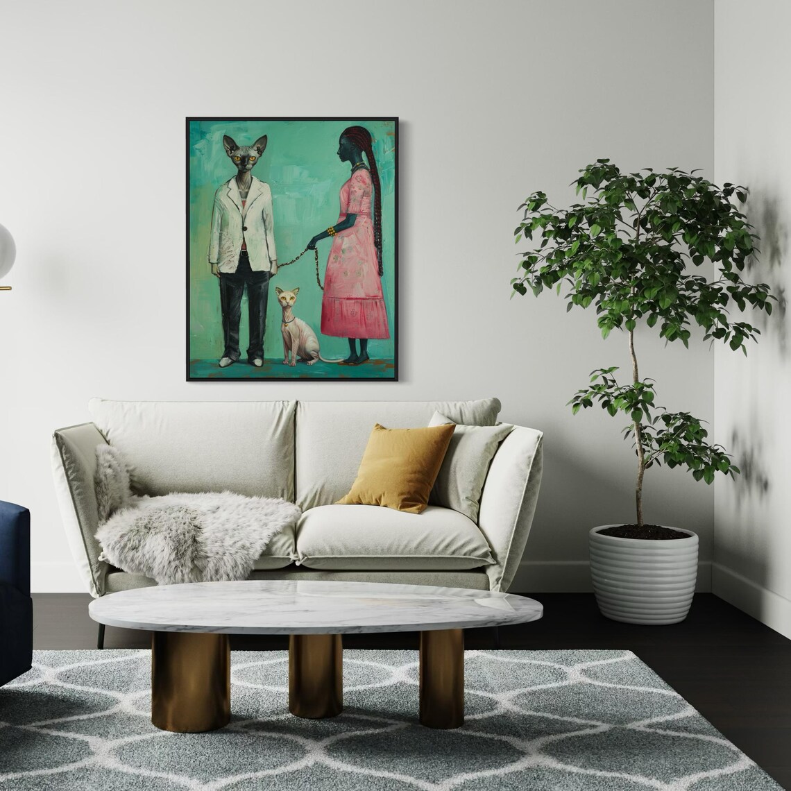 Surreal Sphynx Cat Couple Portrait With Pink Dress Woman Art Poster - Image 4