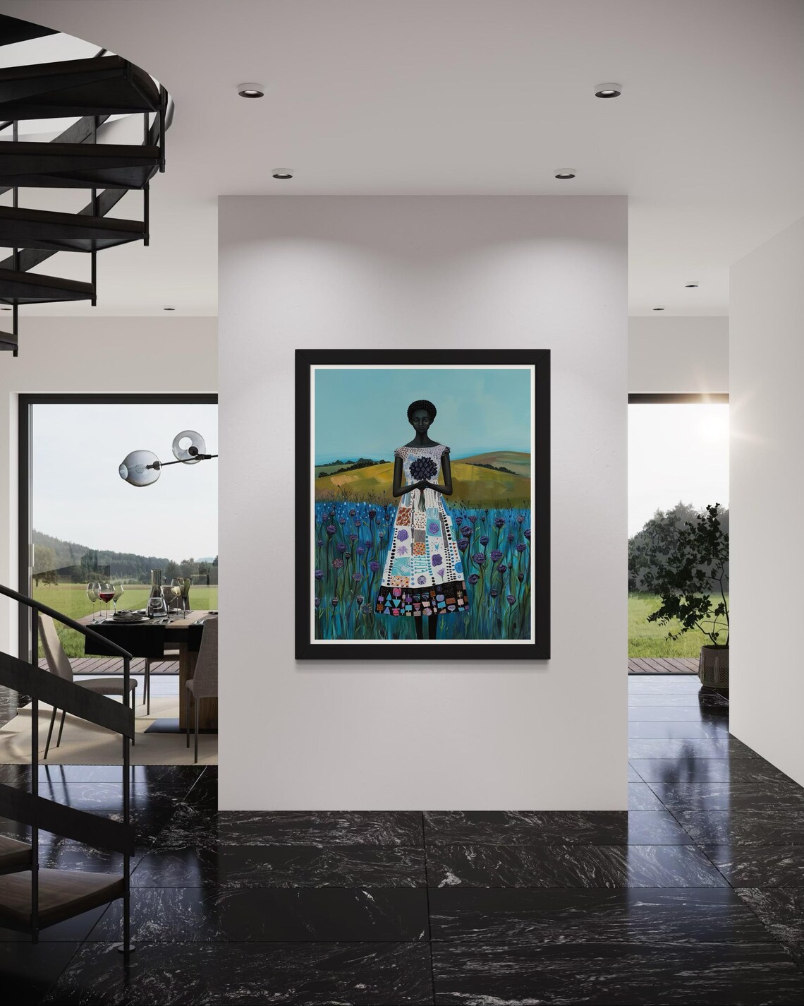 African Woman in Blue Flower Field Vibrant Nature Portrait Poster - Image 3