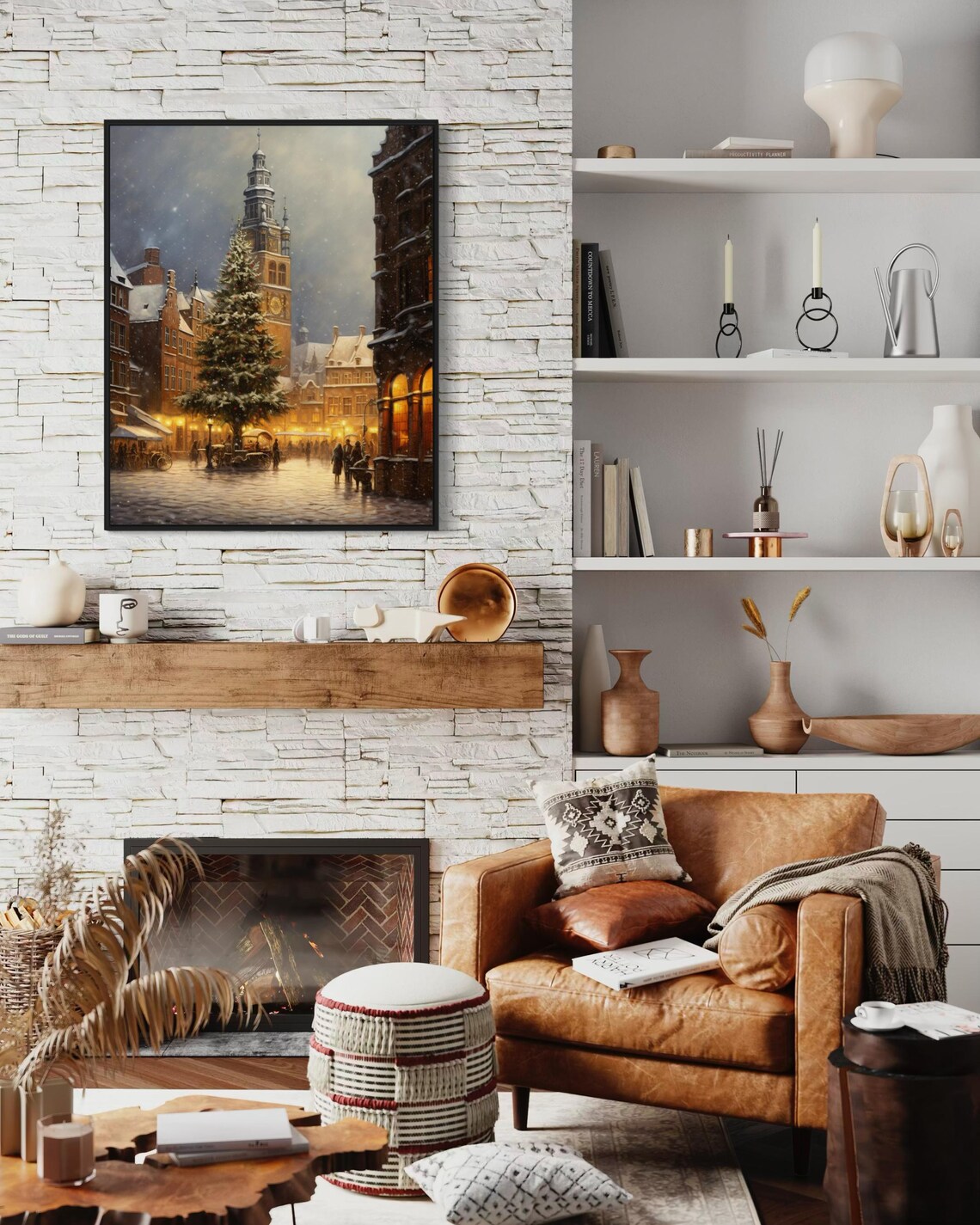 European Christmas Market Square Clock Tower Snowy Town Art Poster - Image 5