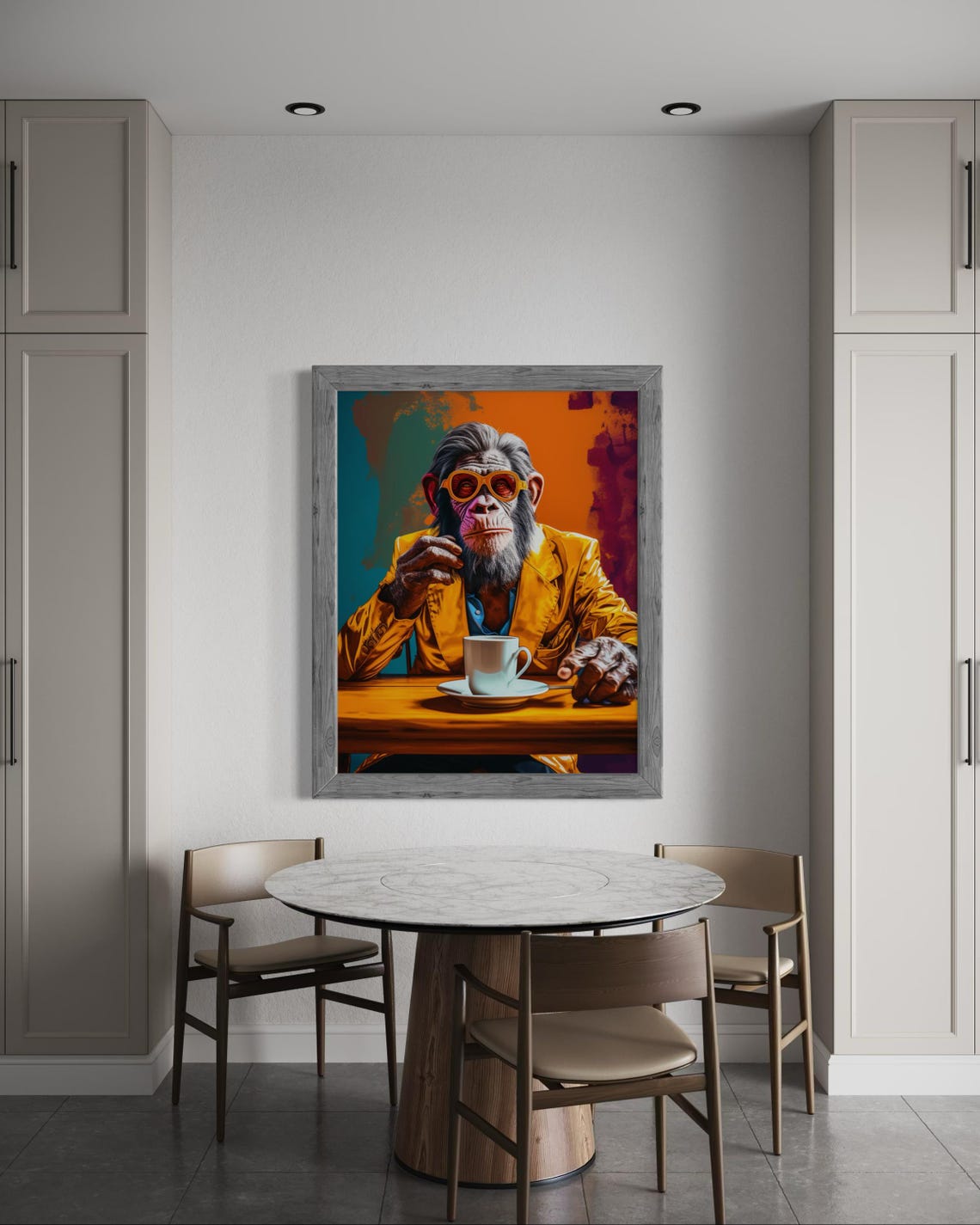 Chimpanzee In Orange Suit And Sunglasses Drinking Coffee Poster - Image 6