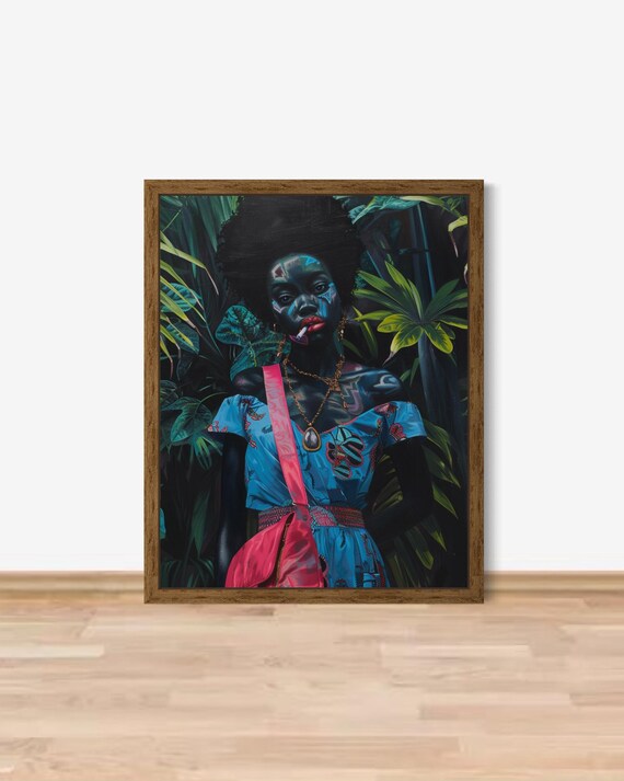 African Woman Art Print Blue Dress Wall Art Black Girl Magic Modern Black Woman Art Afrocentric Wall Decor Feminine African Art