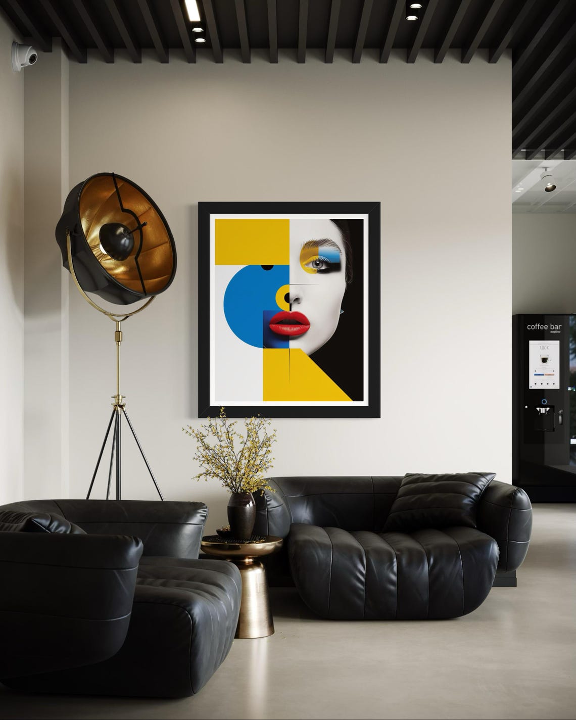 Abstract Pop Art Woman Portrait Yellow Blue Geometric Face Poster - Image 2