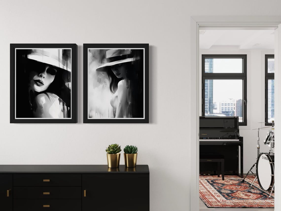 Two Piece Black And White Moody Woman Hat Portrait Wall Art Set - Image 6