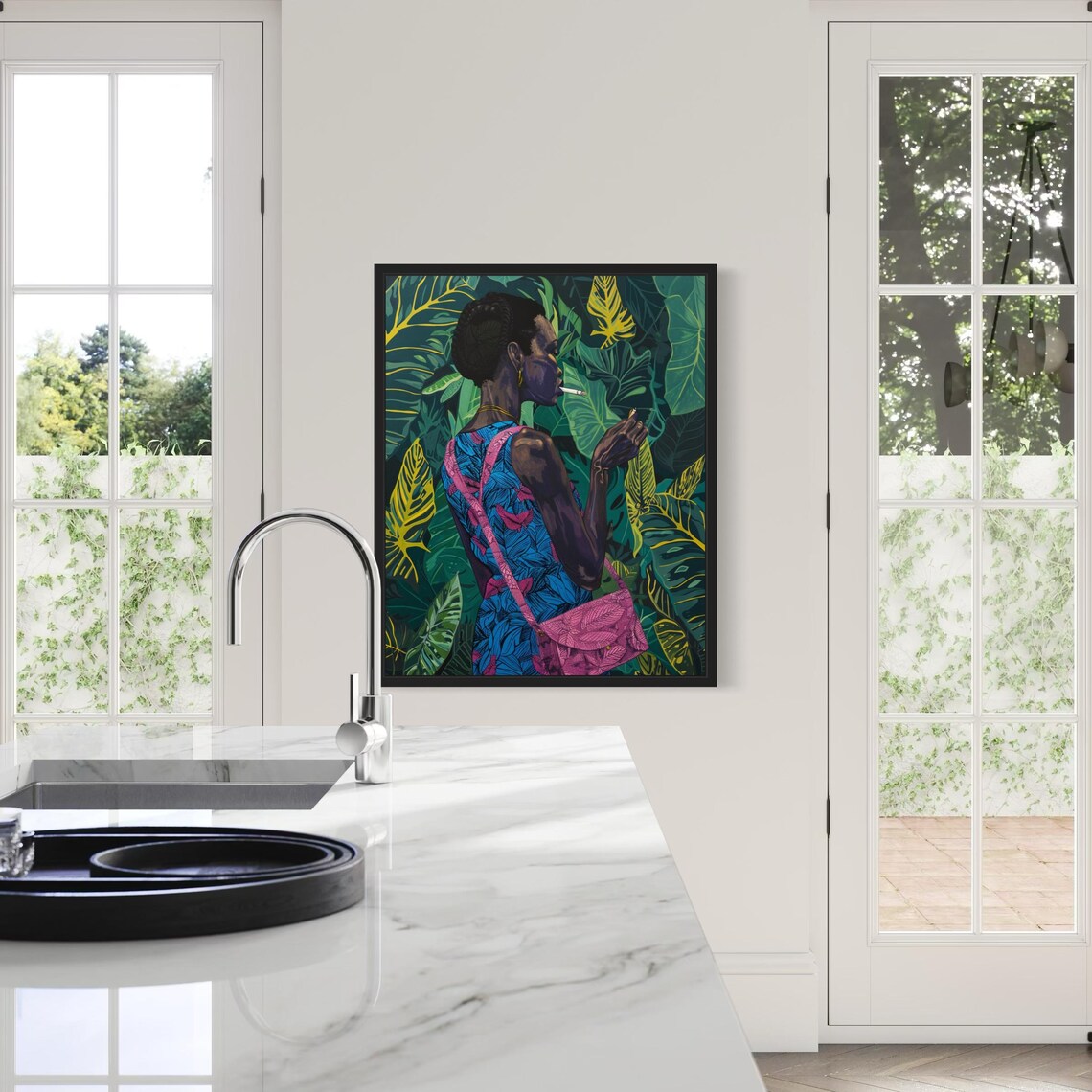 Black Woman in Blue Dress Smoking Cigarette Jungle Leaf Art Poster - Image 5