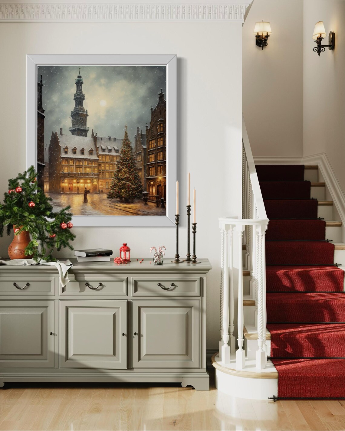 Snowy European Town Square Clock Tower Christmas Scene Poster - Image 3