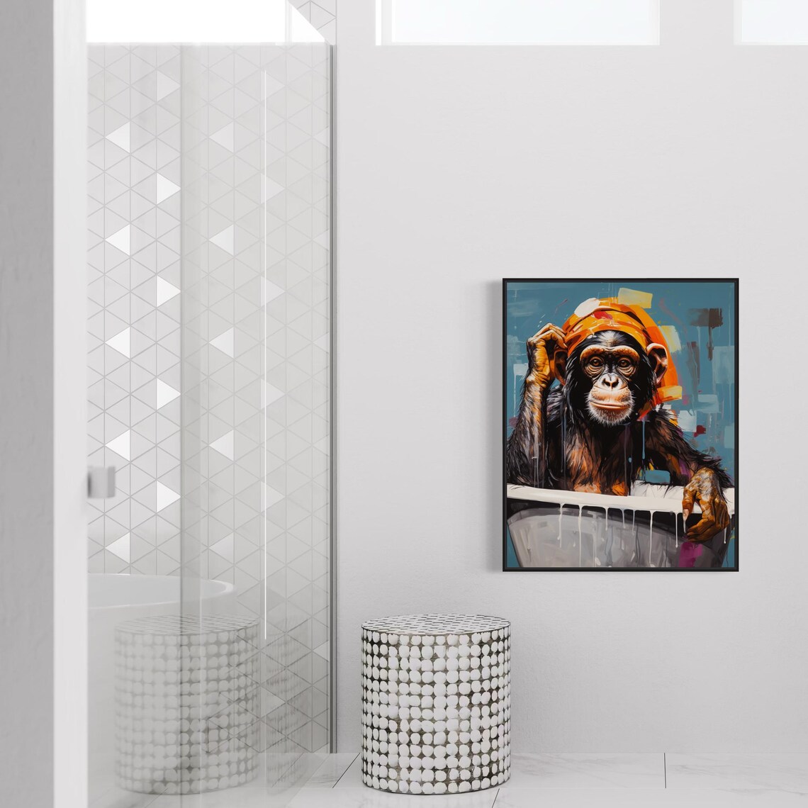 Chimpanzee in Bathtub Wearing Orange Turban Playful Art Poster - Image 4