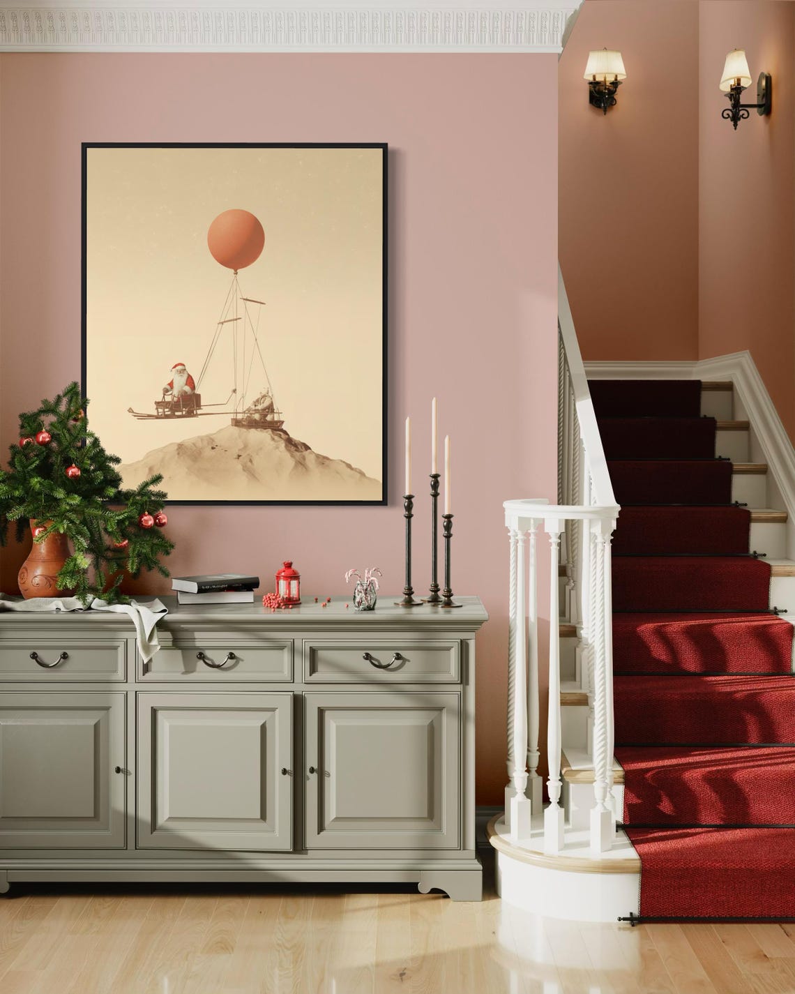Santa Claus Hot Air Balloon Sleigh Whimsical Vintage Christmas Poster - Image 7