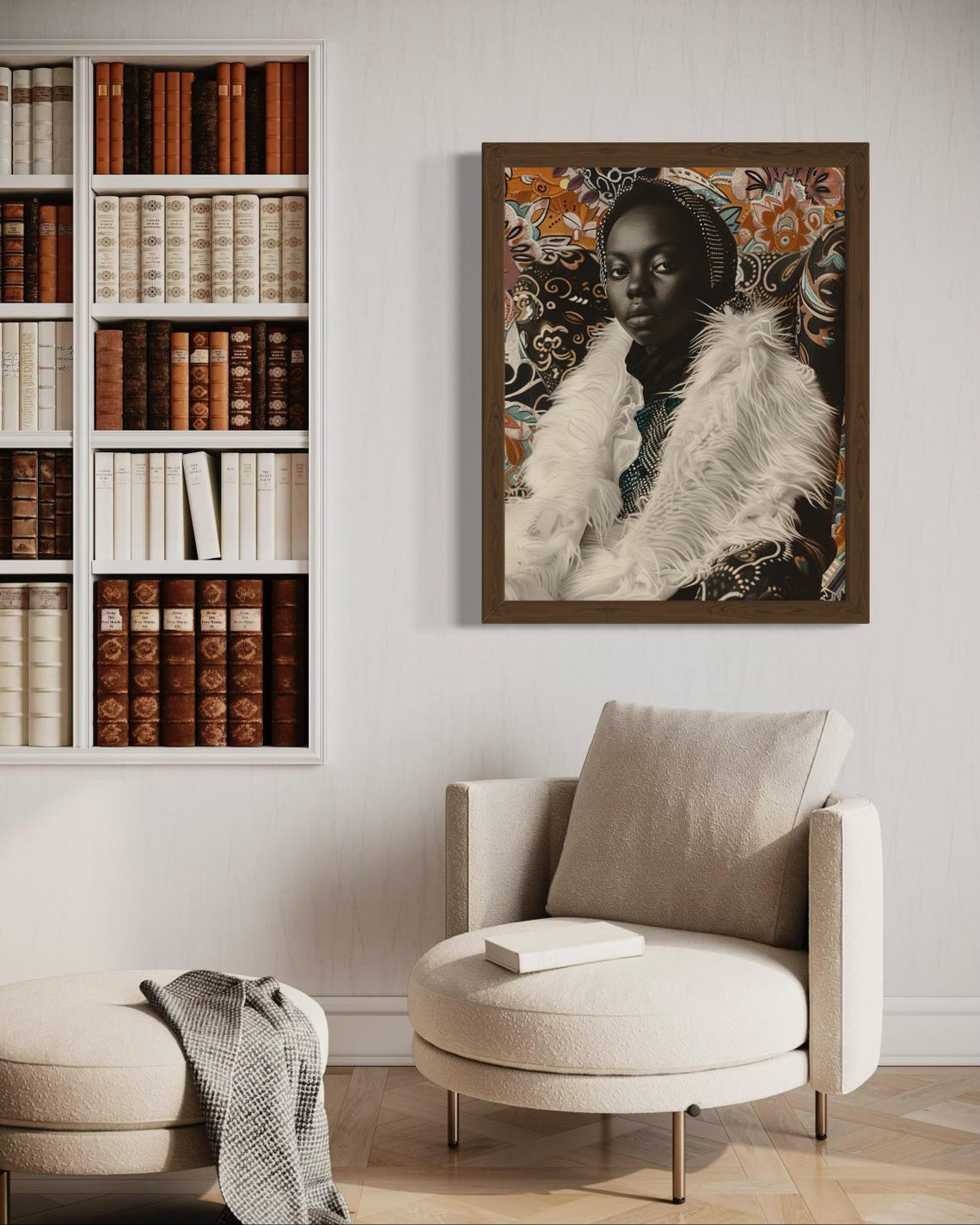 Black Woman White Feather Coat Boho Glam Portrait Art Poster - Image 4