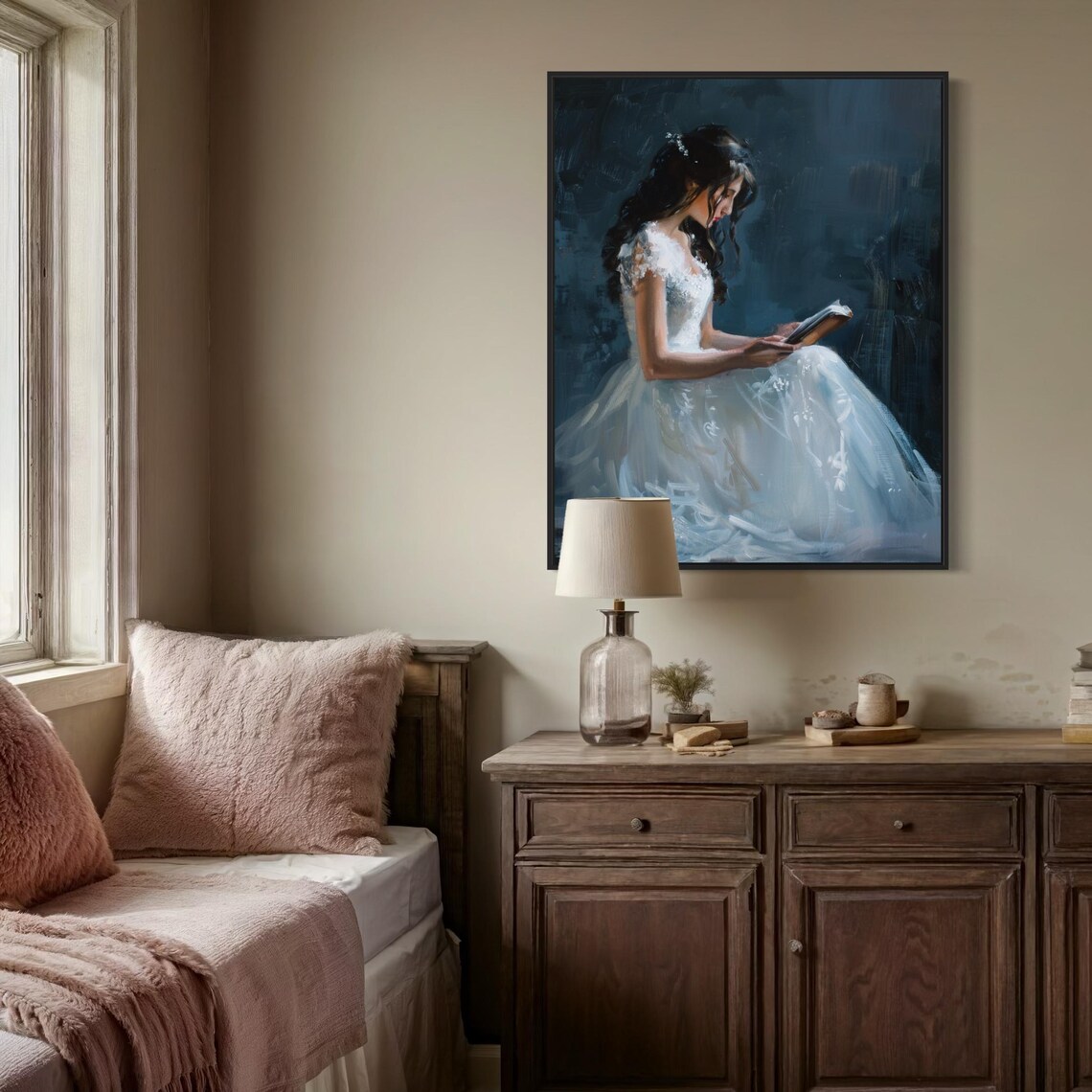 Victorian Woman in White Gown Reading Book Dark Academia Poster - Image 4