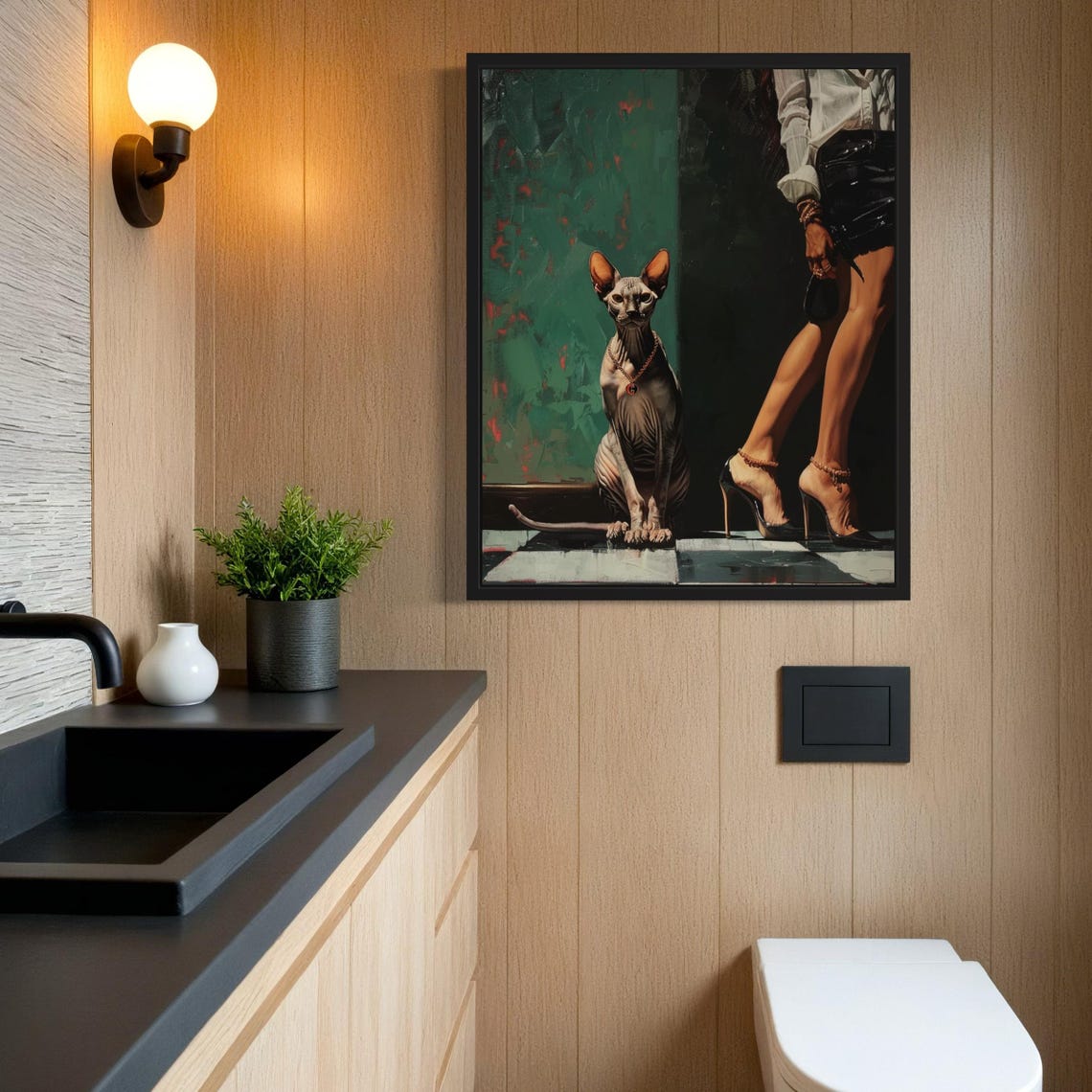 Sphynx Cat With Gold Necklace Beside Woman in Heels Art Poster - Image 4