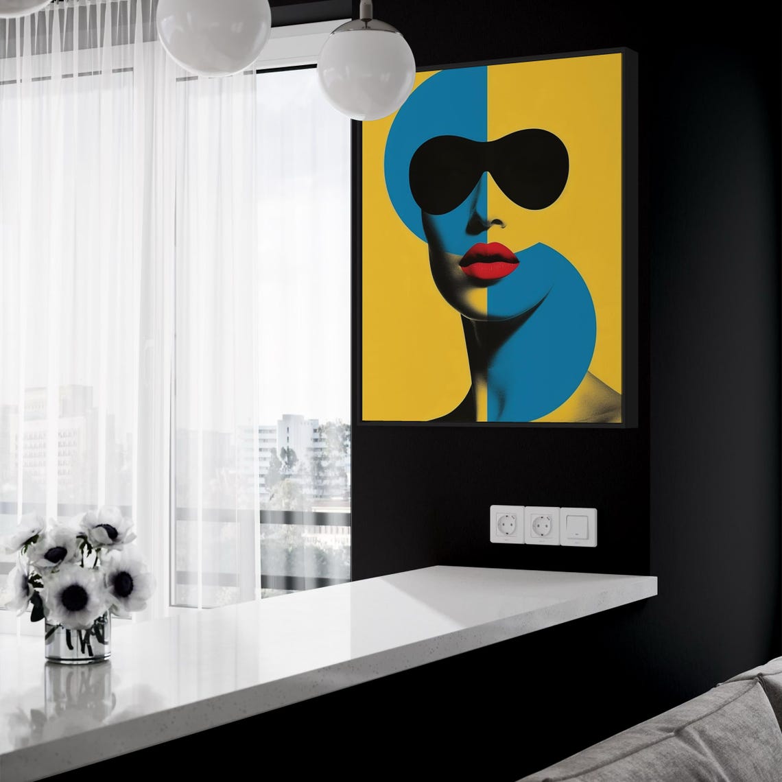 Pop Art Woman Face With Yellow Blue Split and Red Lips Art Poster