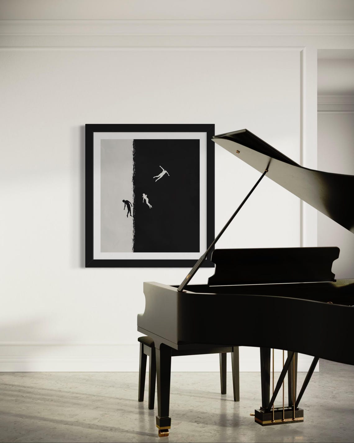 Falling Figures Black White Minimalist Surreal Modern Art Poster