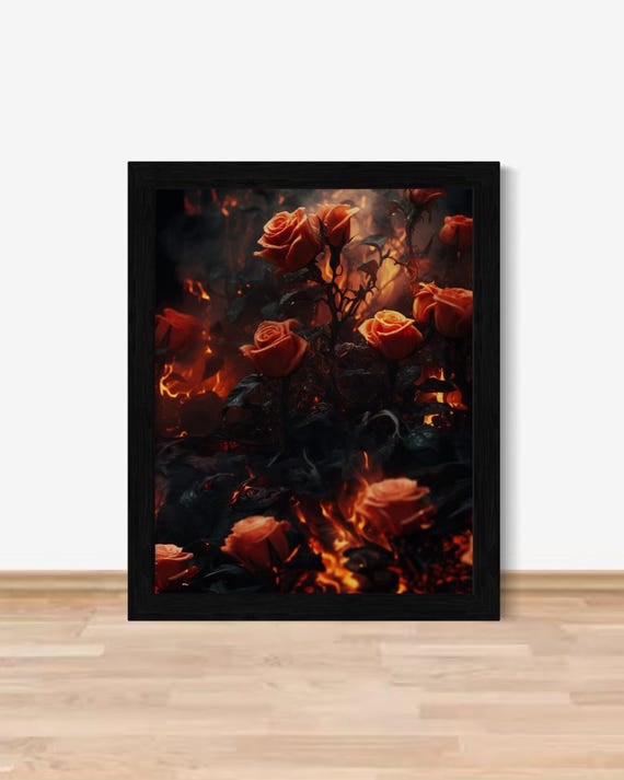 Fiery Dark Rose Art Print Gothic Floral Wall Art Moody Red Roses With Fire Dramatic Nature Decor