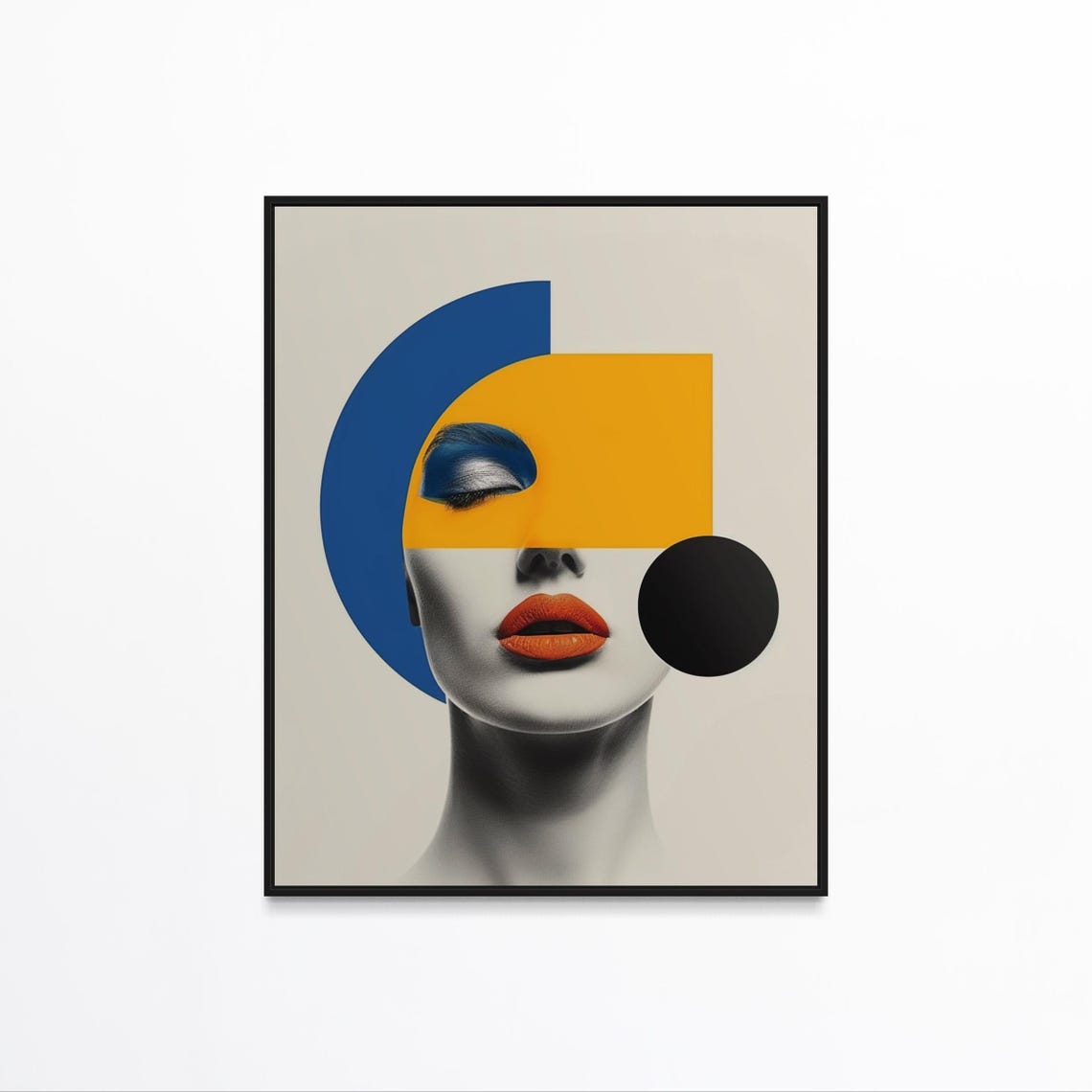 Abstract Grayscale Woman Face With Orange Lips and Blue Arc Art Poster - Image 7