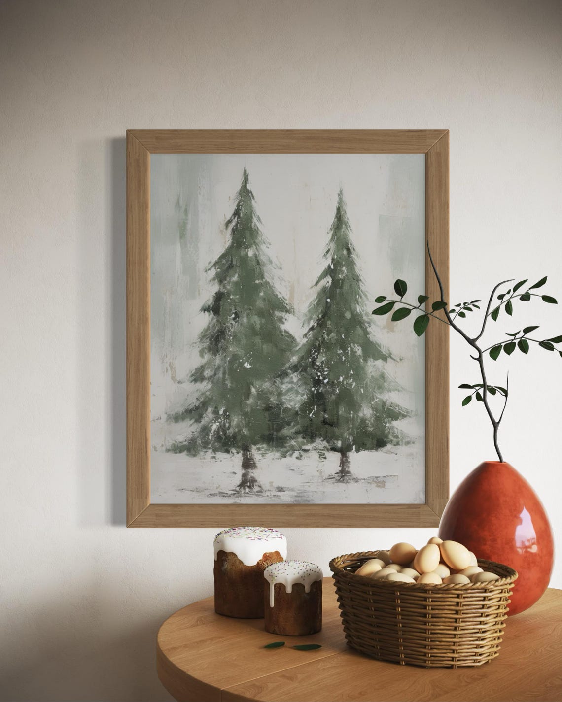 Two Snowy Evergreen Christmas Trees Rustic Winter Forest Poster