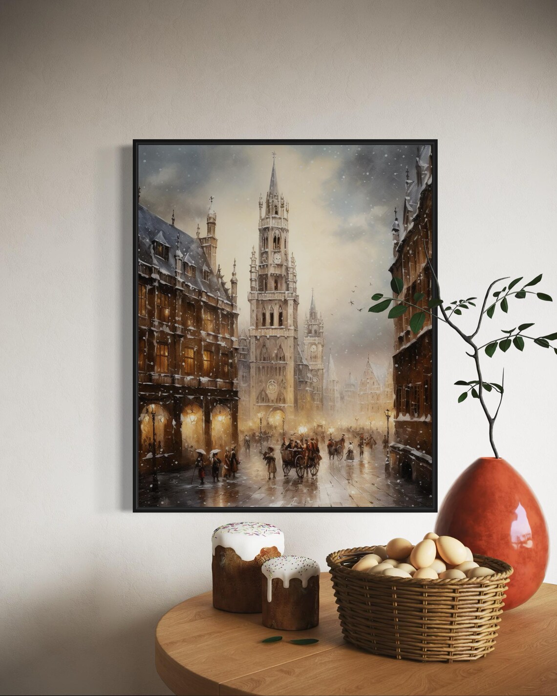 Snowy Old European City Gothic Cathedral Winter Street Scene Poster
