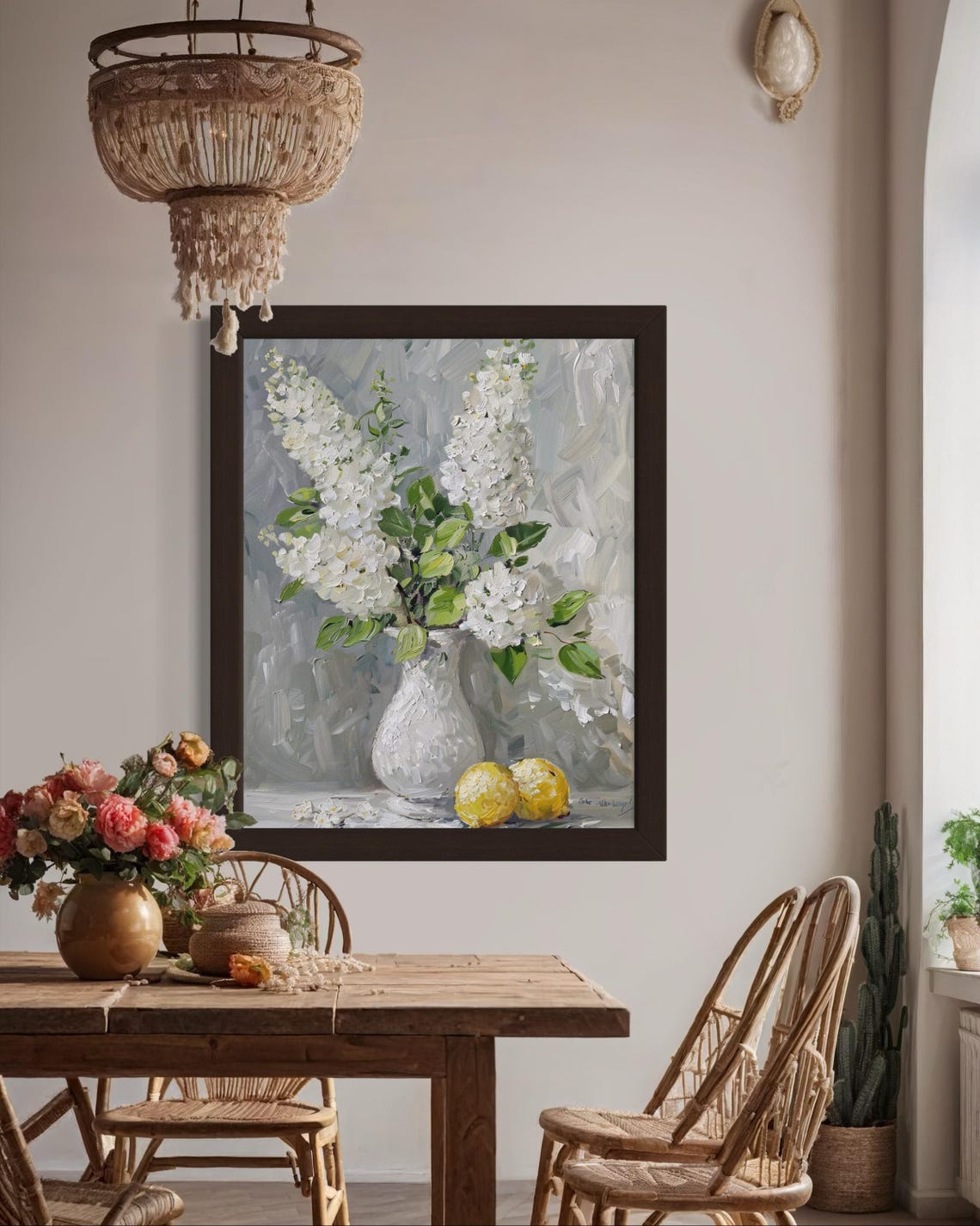 White Floral Bouquet Vase Lemons Elegant Still Life Oil Poster - Image 6