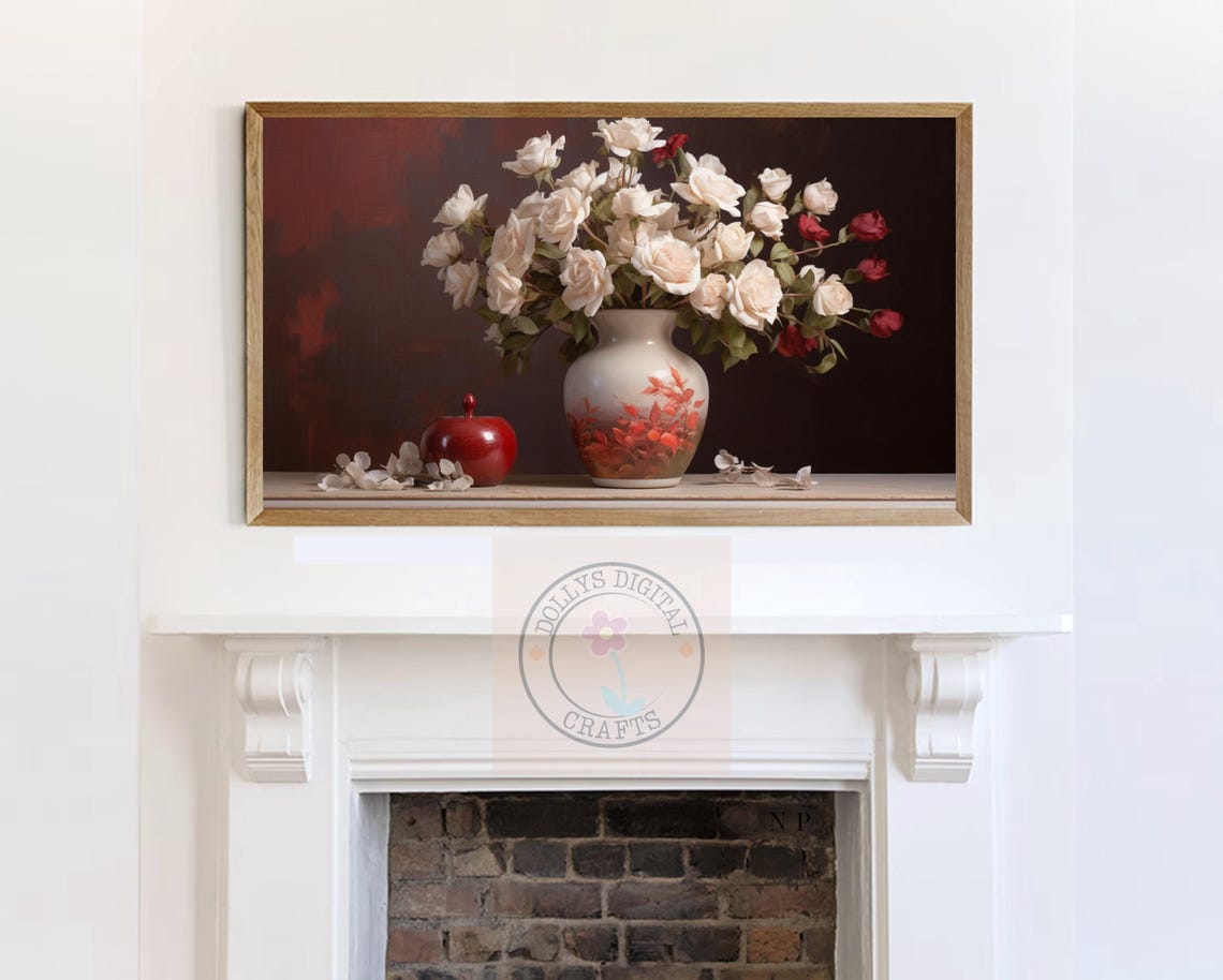 White Red Roses Painted Vase Still Life Dark Romantic Poster - Image 7