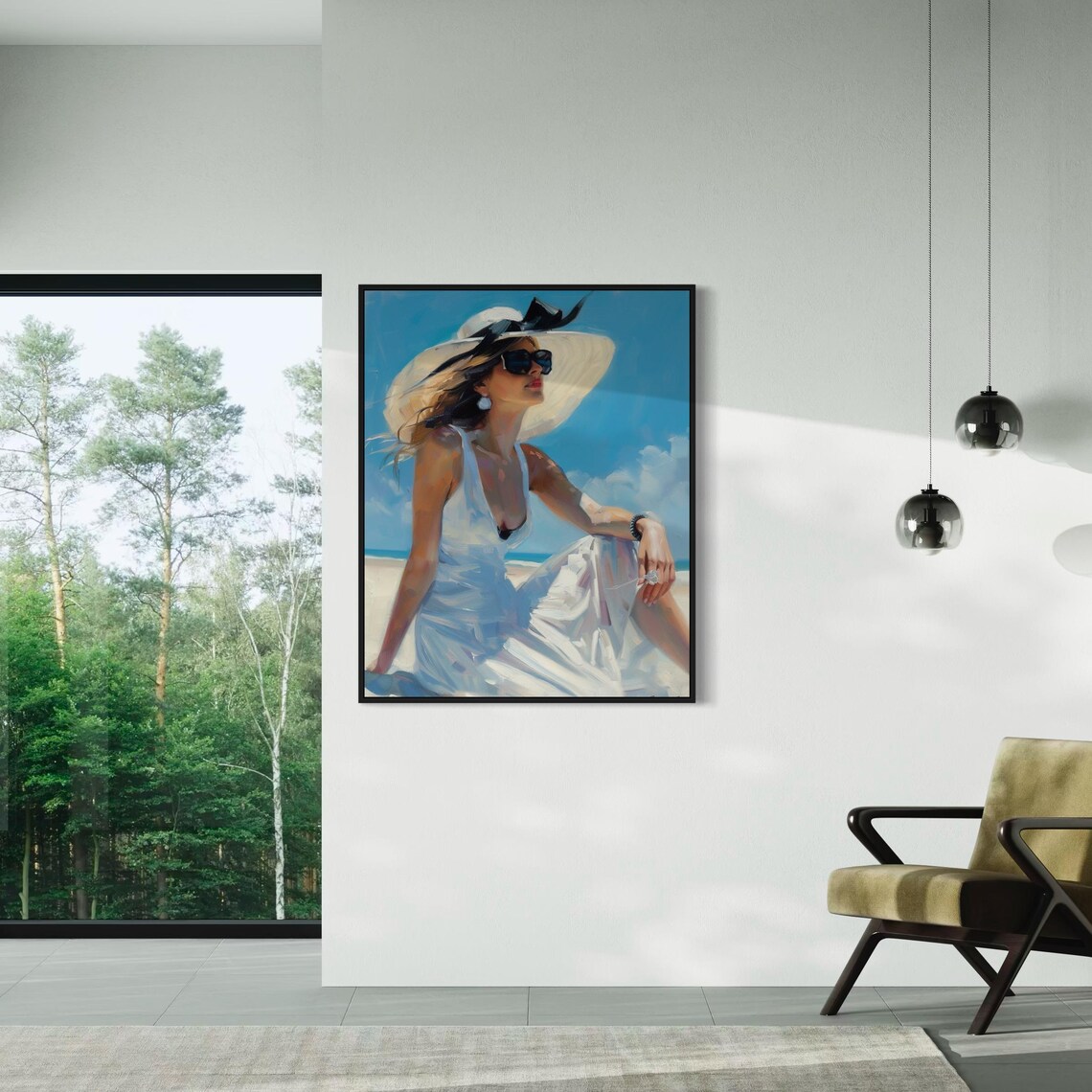 Elegant Woman in White Dress and Straw Hat on Beach Art Poster - Image 3