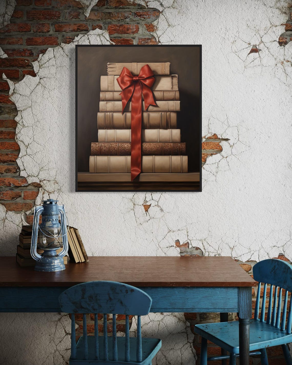 Antique Books Stack Red Ribbon Bow Vintage Library Decor Wall Art - Image 4