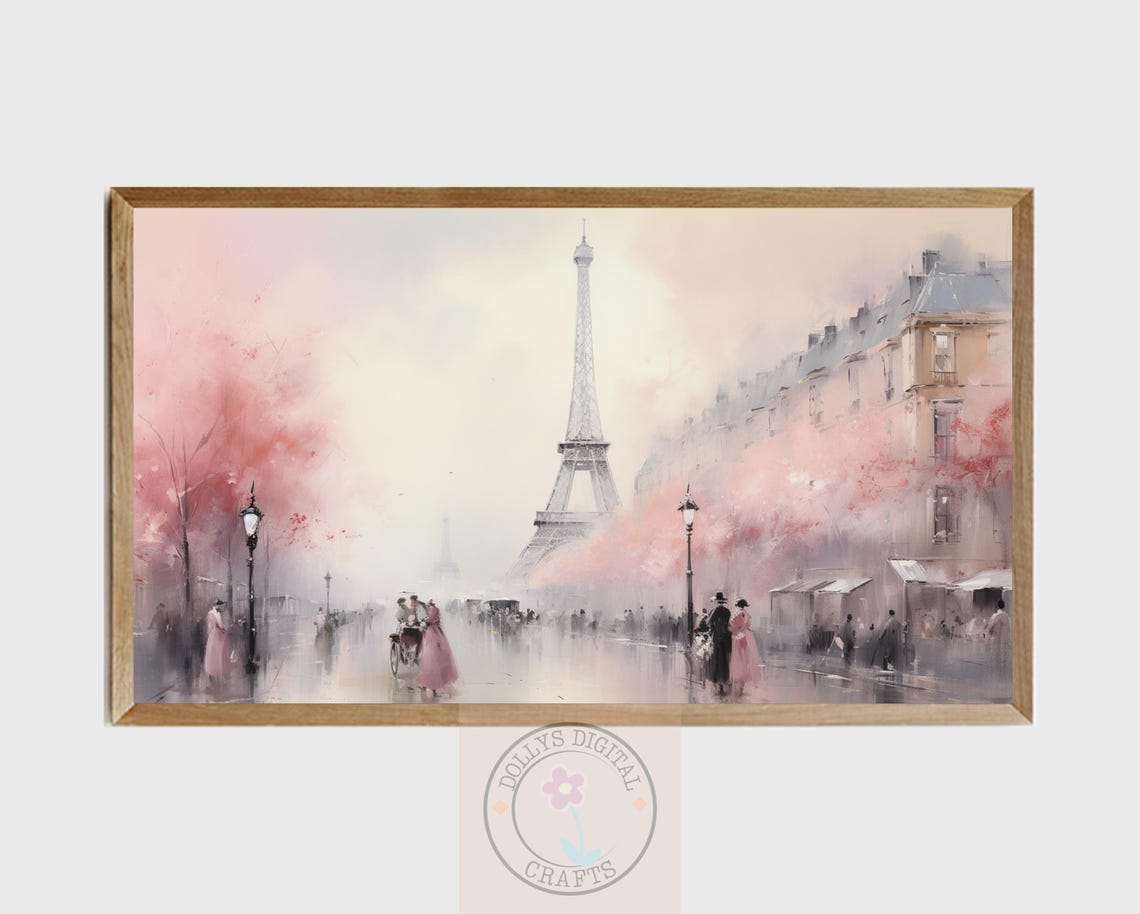Romantic Paris Street Eiffel Tower Pink Blossom Watercolor Poster