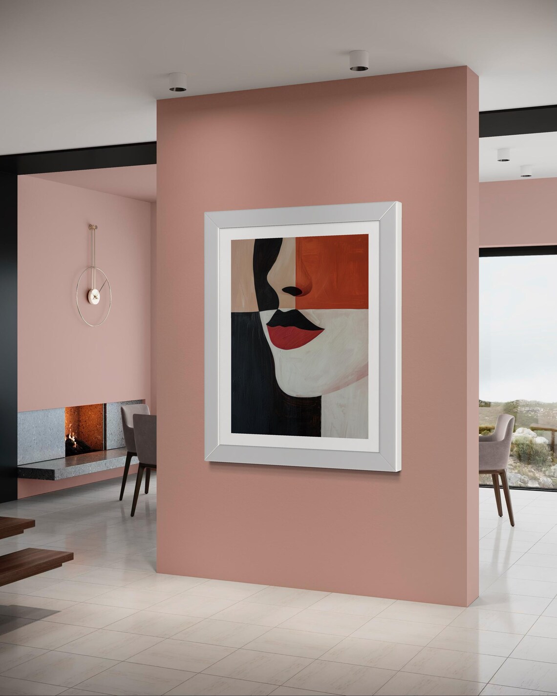 Abstract Minimalist Woman Face Red Lips Modern Geometric Poster