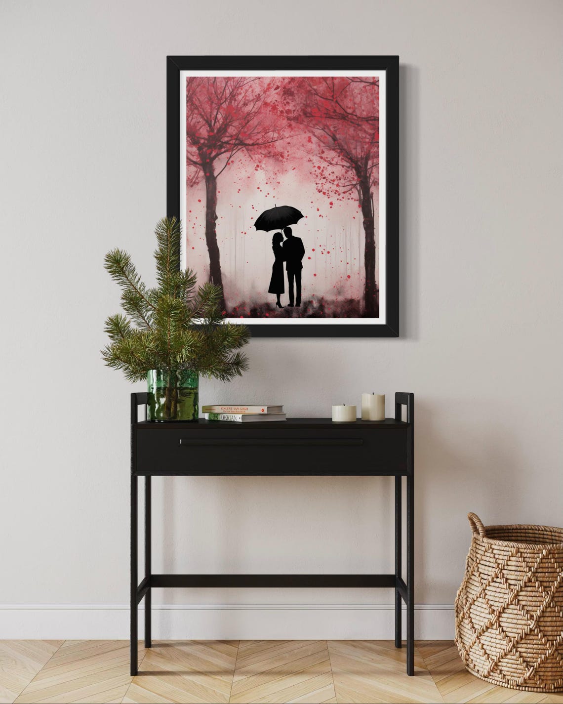 Couple Under Black Umbrella With Falling Red Petals Love Poster - Image 5