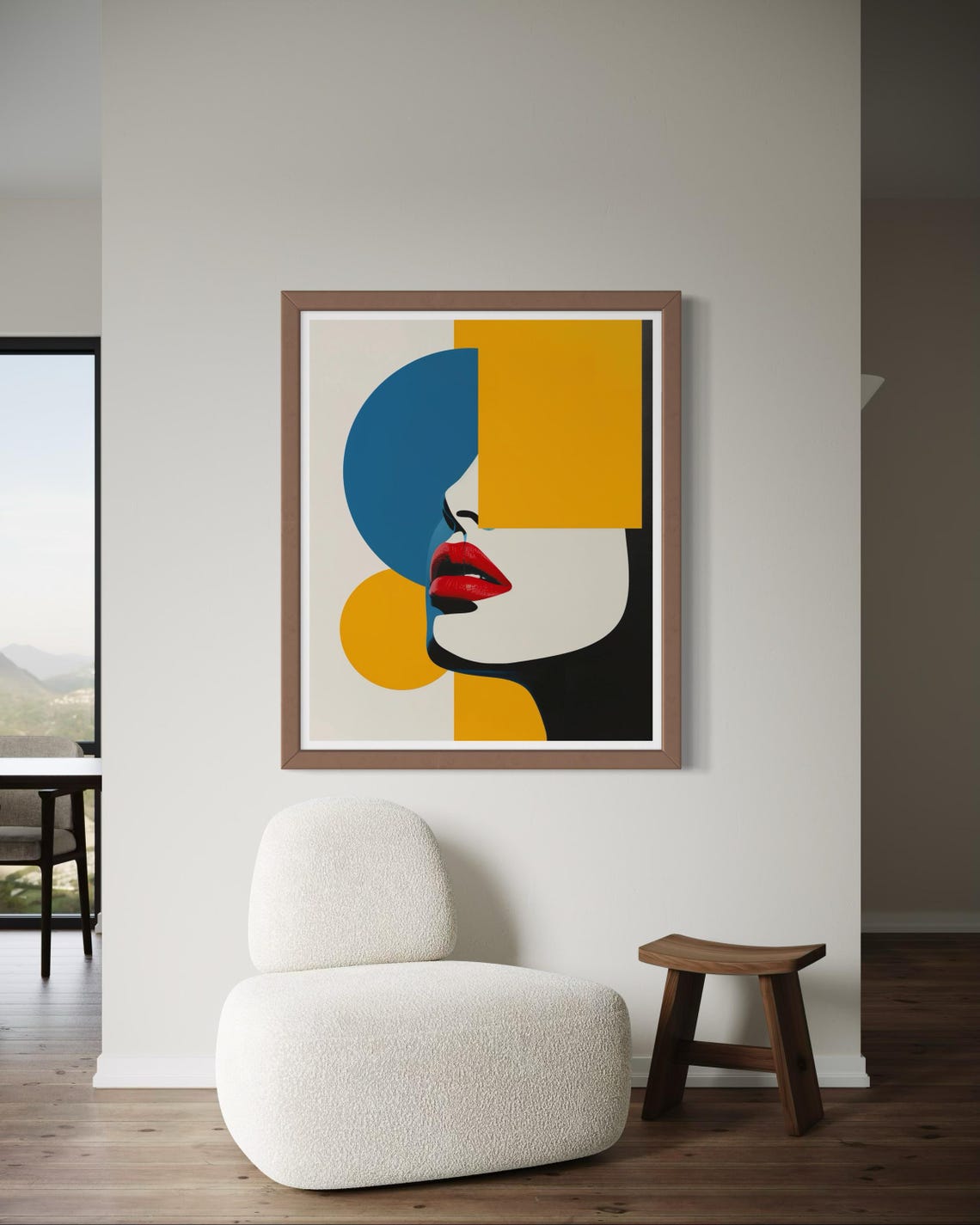 Geometric Woman Profile Portrait Teal Yellow Red Lips Wall Art