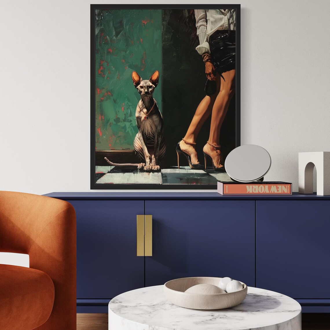 Sphynx Cat With Gold Necklace Beside Woman in Heels Art Poster - Image 6