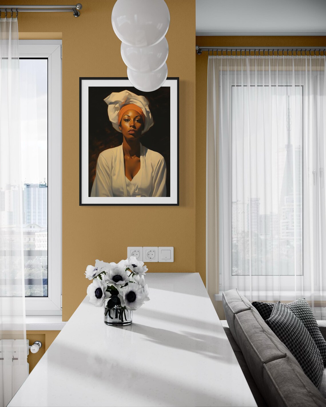 Elegant Black Woman White Headwrap Classic Portrait Afrocentric Print - Image 5