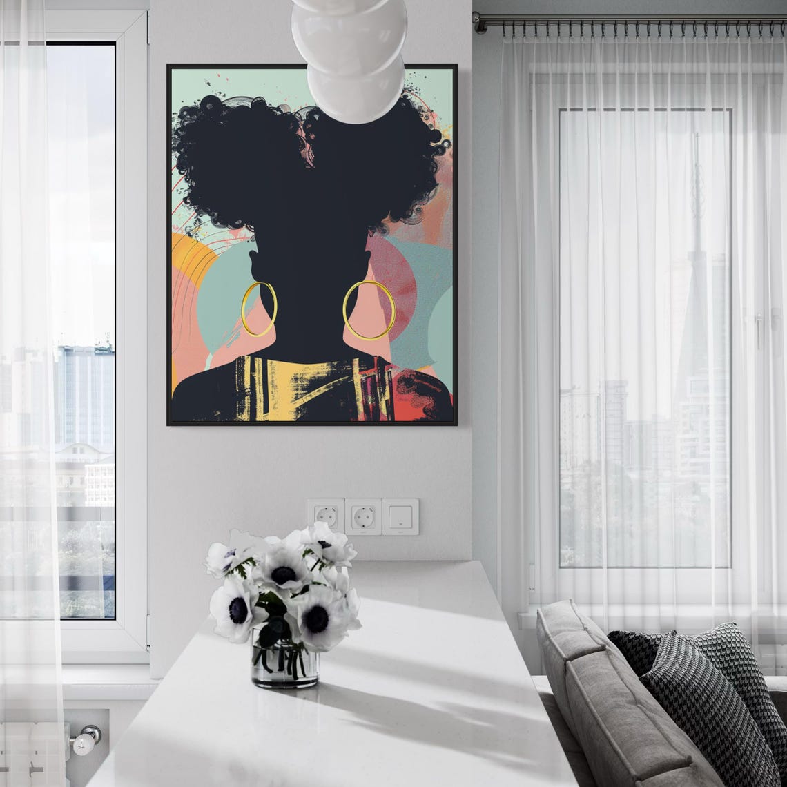 Afro Puffs Silhouette Gold Hoops Abstract Pastel Modern Poster - Image 4