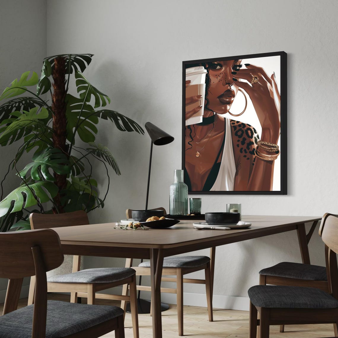 Black Woman Holding Coffee Cup Leopard Spots Glamour Art Poster - Image 7