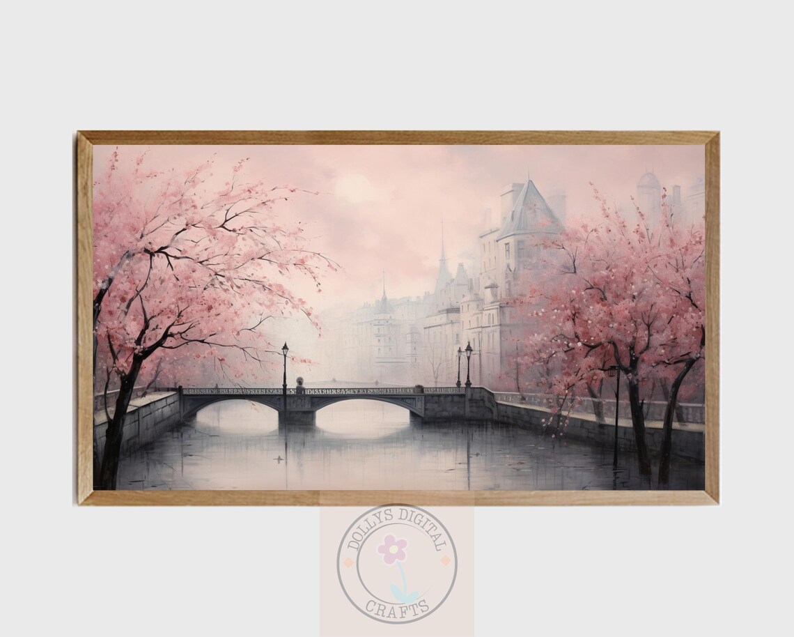 Cherry Blossom Canal Bridge European Spring Romance Poster Home Decor