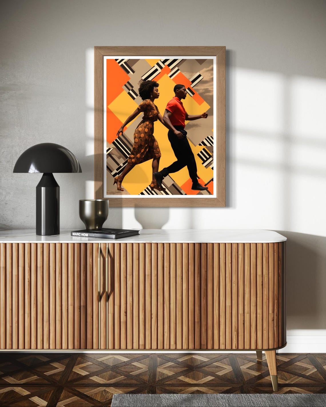 Afro Couple Walking Geometric Orange Retro Background Art Print - Image 5