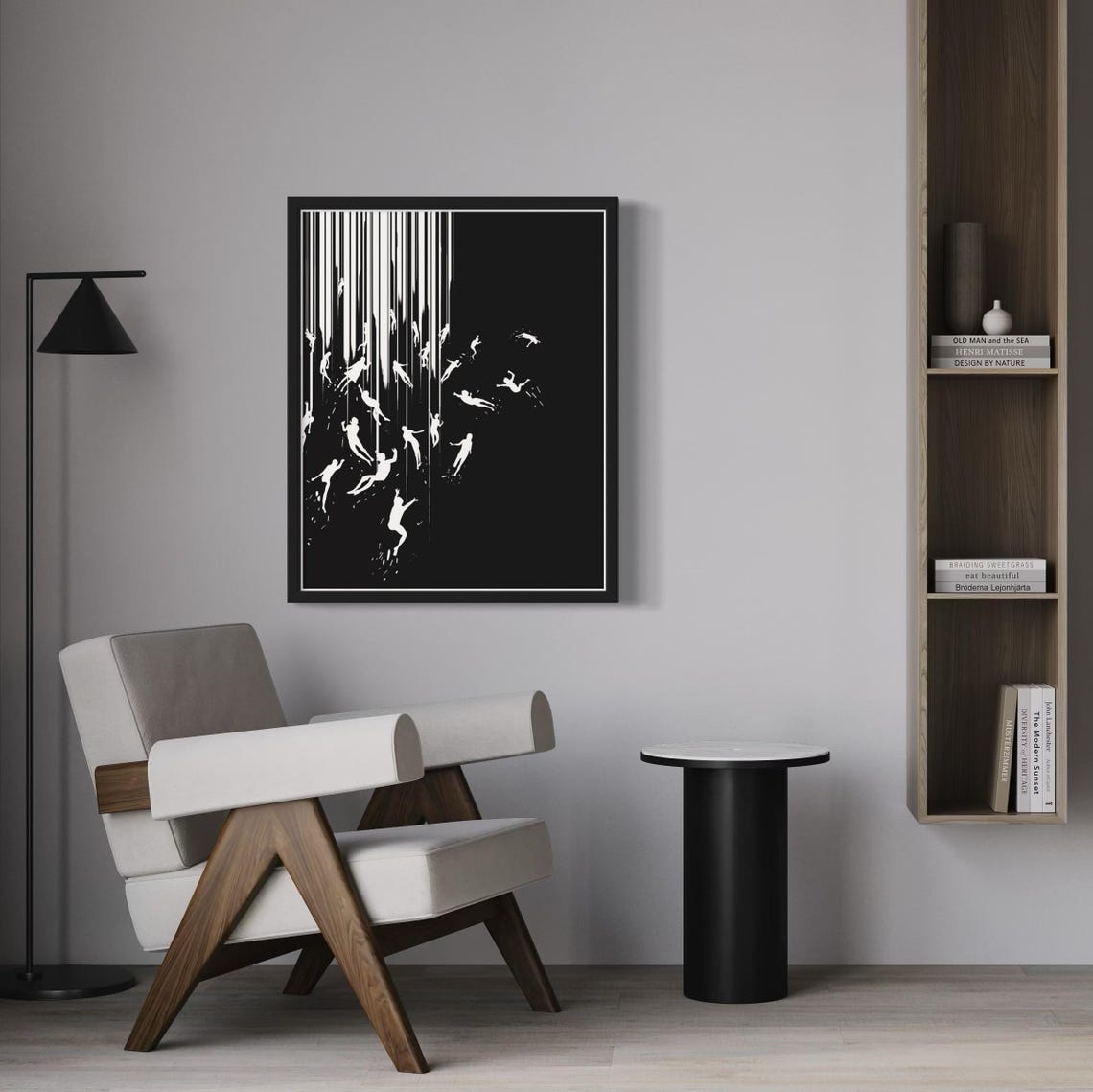 Falling Human Silhouettes Black and White Monochrome Modern Poster - Image 7