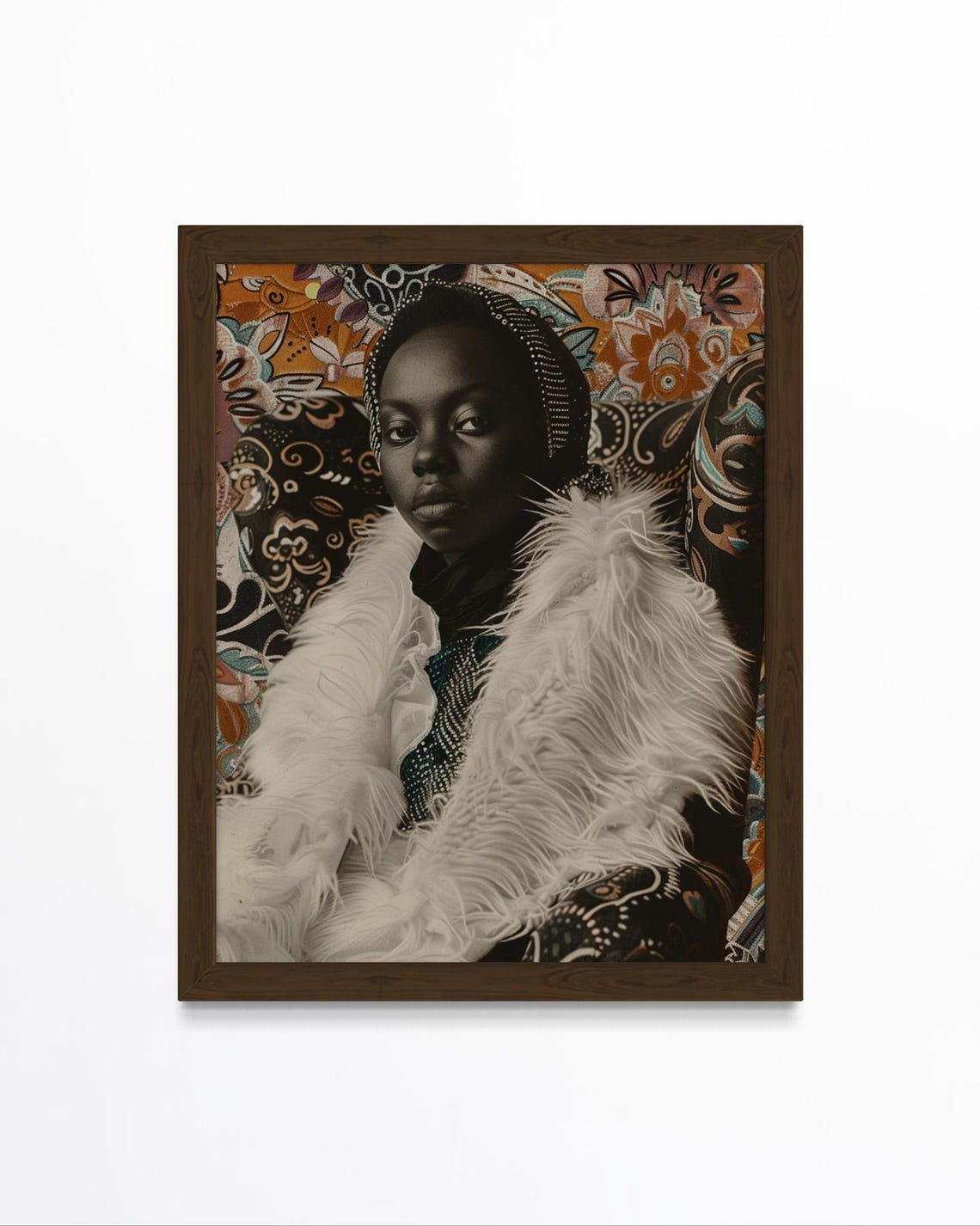 Black Woman White Feather Coat Boho Glam Portrait Art Poster
