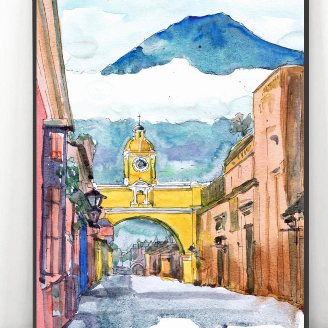 Antigua Guatemala Santa Catalina Arch Volcano Watercolor Poster