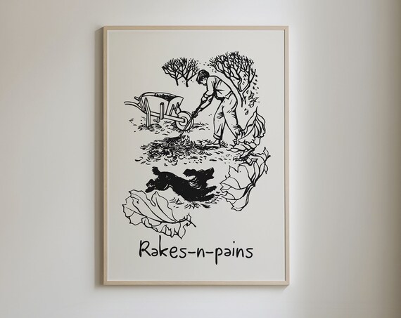Rakes-n-Pains Funny Fall Leaf Raking Dog Linocut Humor Print