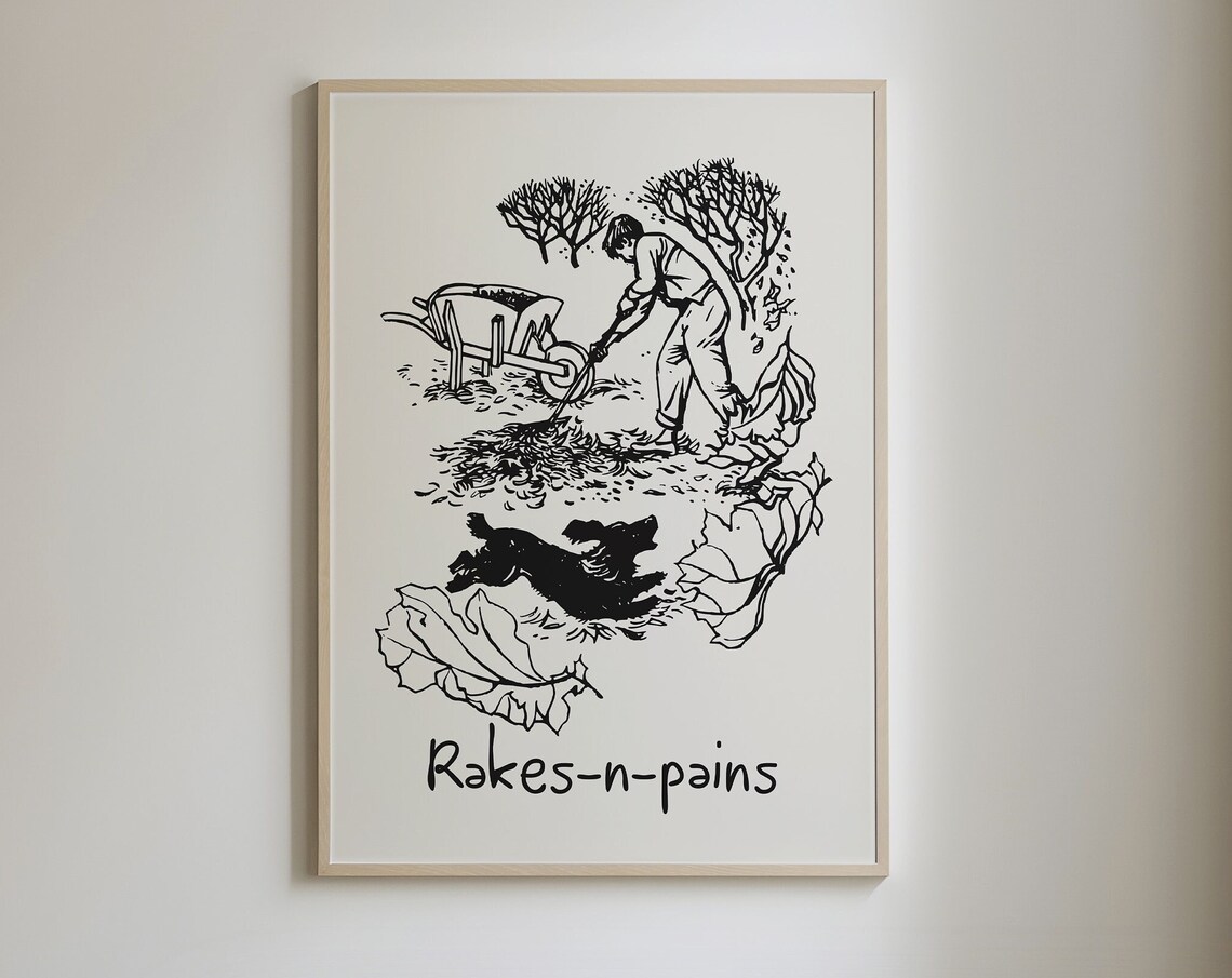 Rakes-n-Pains Funny Fall Leaf Raking Dog Linocut Humor Print