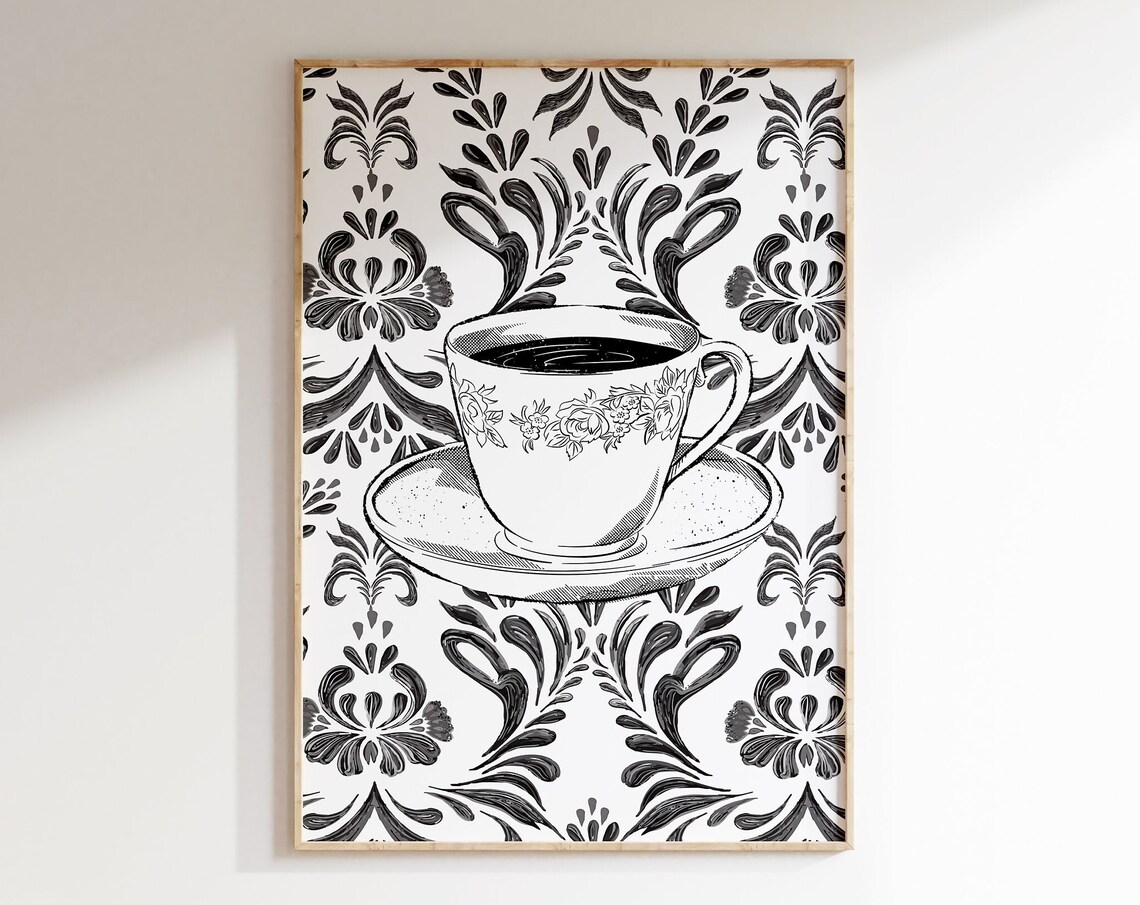 Black and White Vintage Floral Teacup Classic Ink Drawing Poster