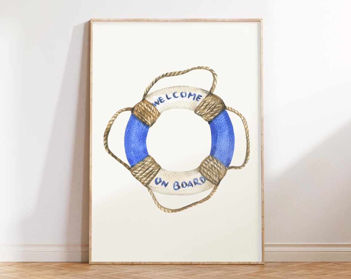 Welcome On Board Painted Life Buoy Rope Detail Nautical Watercolor Poster