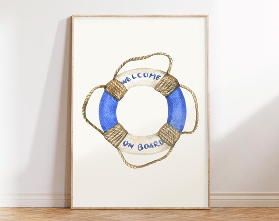 Welcome On Board Painted Life Buoy Rope Detail Nautical Watercolor Poster