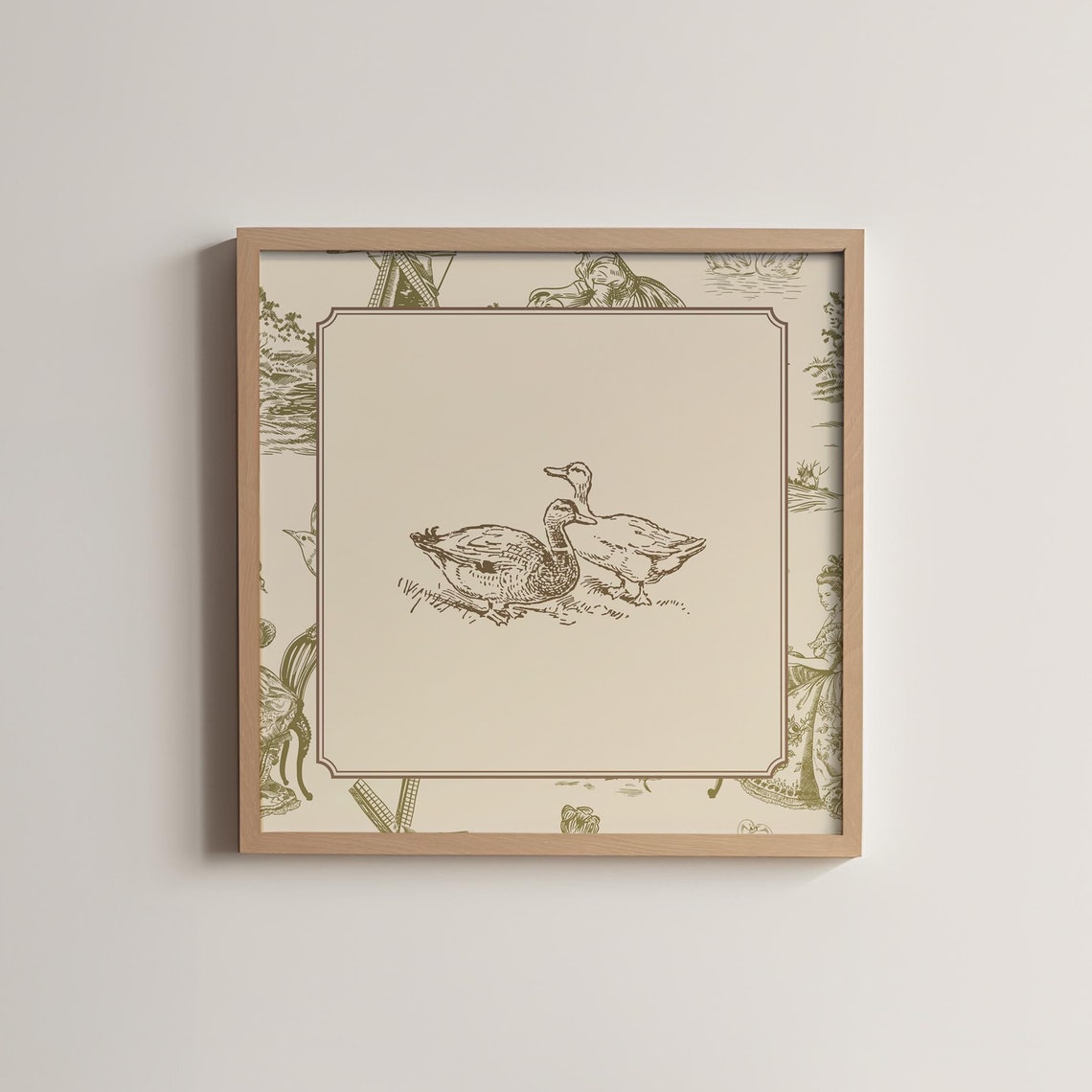 Cute Green Toile Border Two Ducks Engraving Vintage Bird Poster