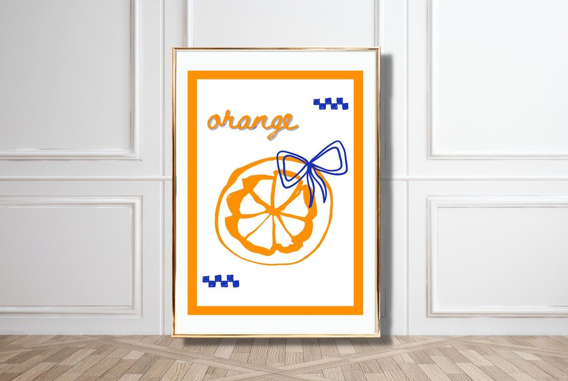 Orange Fruit Blue Ribbon Vintage Kitchen Decor Hand Drawn Slice Poster